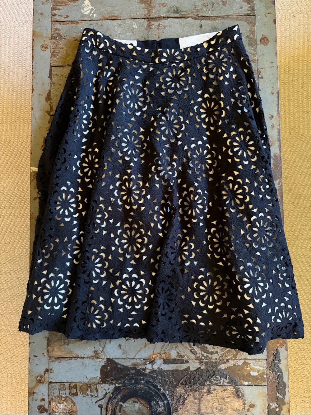 Alice + Olivia Black Floral Laser-Cut A-Line Skirt with Ivory Underlay
